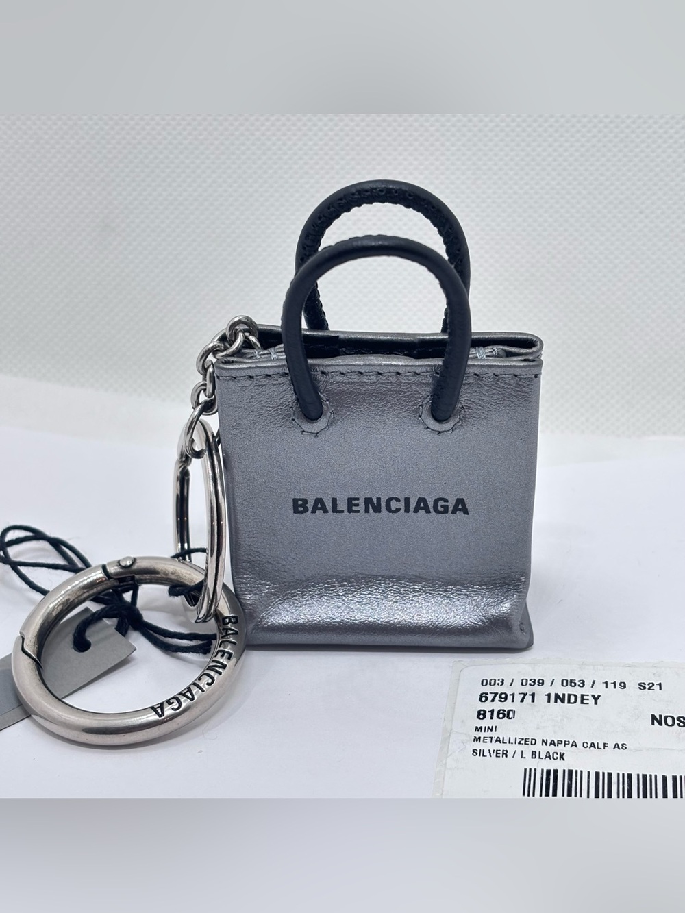 Balenciaga Metallic Silver Mini Shopping Charm Leather Keychain
